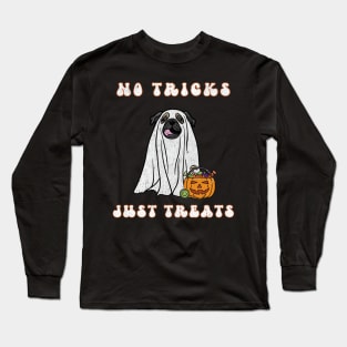 Halloween Pug Cute Trick or Treat Ghost Dog Ghost Pug Distressed Design Pug Lover for Fall Long Sleeve T-Shirt